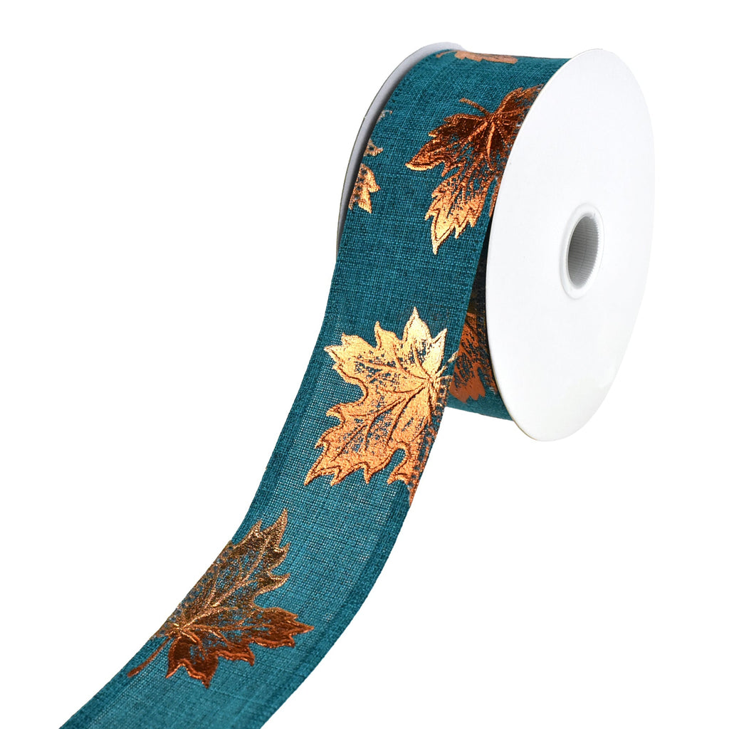 Copper Accent Fall Leaves Wired Ribbon, 1-1/2-Inch, 10-Yard