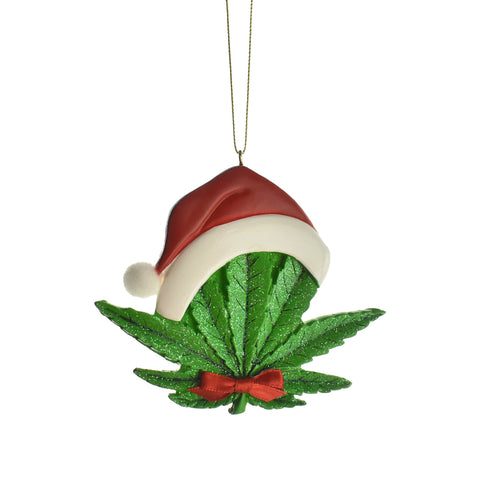 Cannabis Leaf with Santa Hat Ornament, 4-1/4-Inch