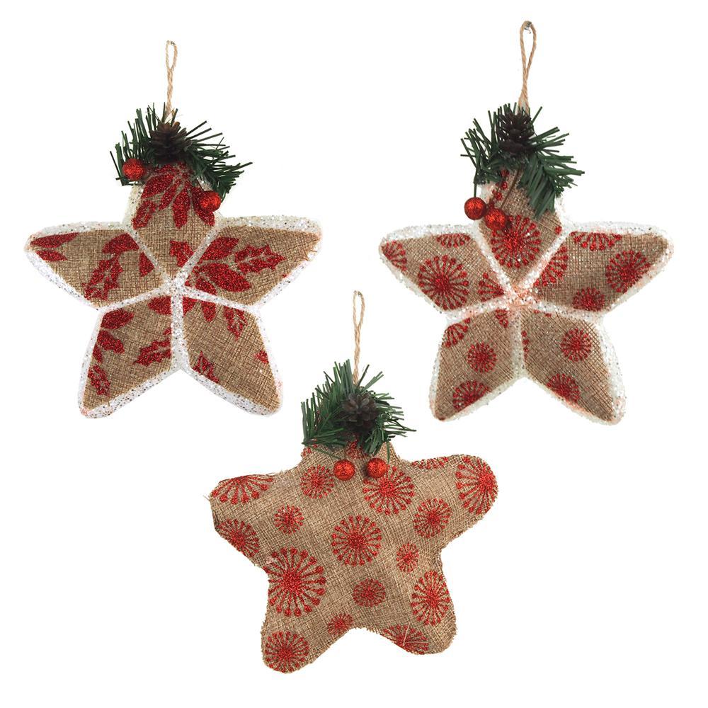 Star Stuffed Burlap Christmas Ornaments, Natural/Red, 5-Inch, 3-Piece