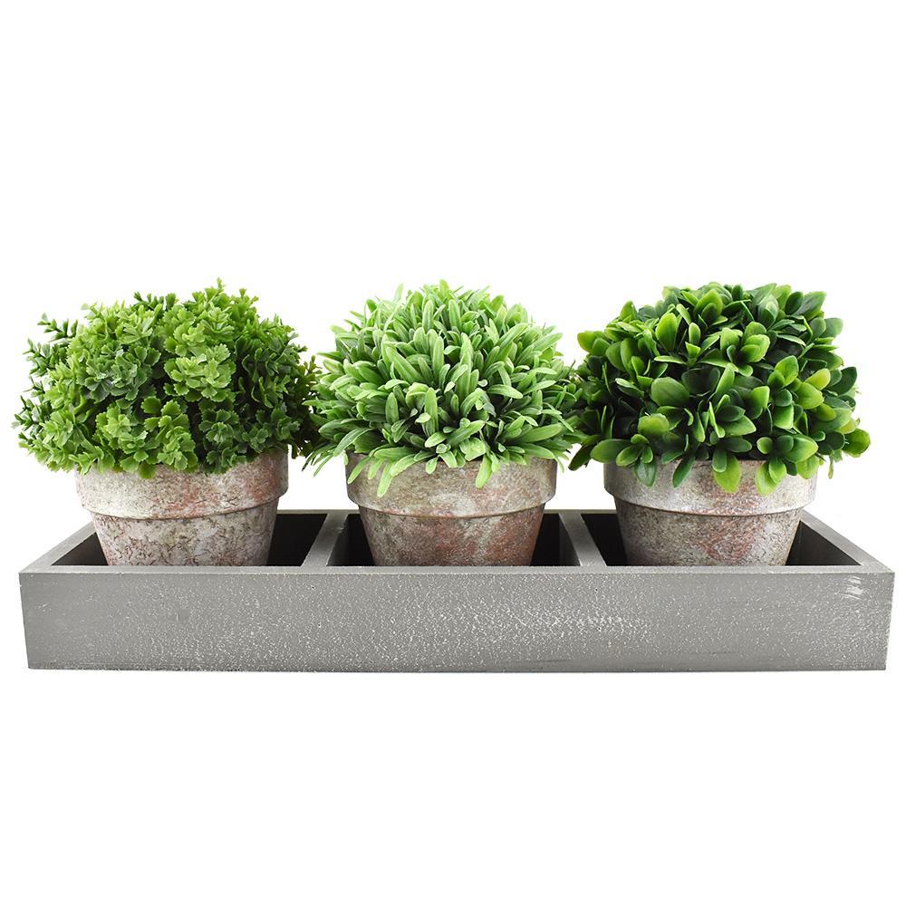Artificial Mixed Greenery with Pots in Tray, 13-1/4-Inch, 3-Piece