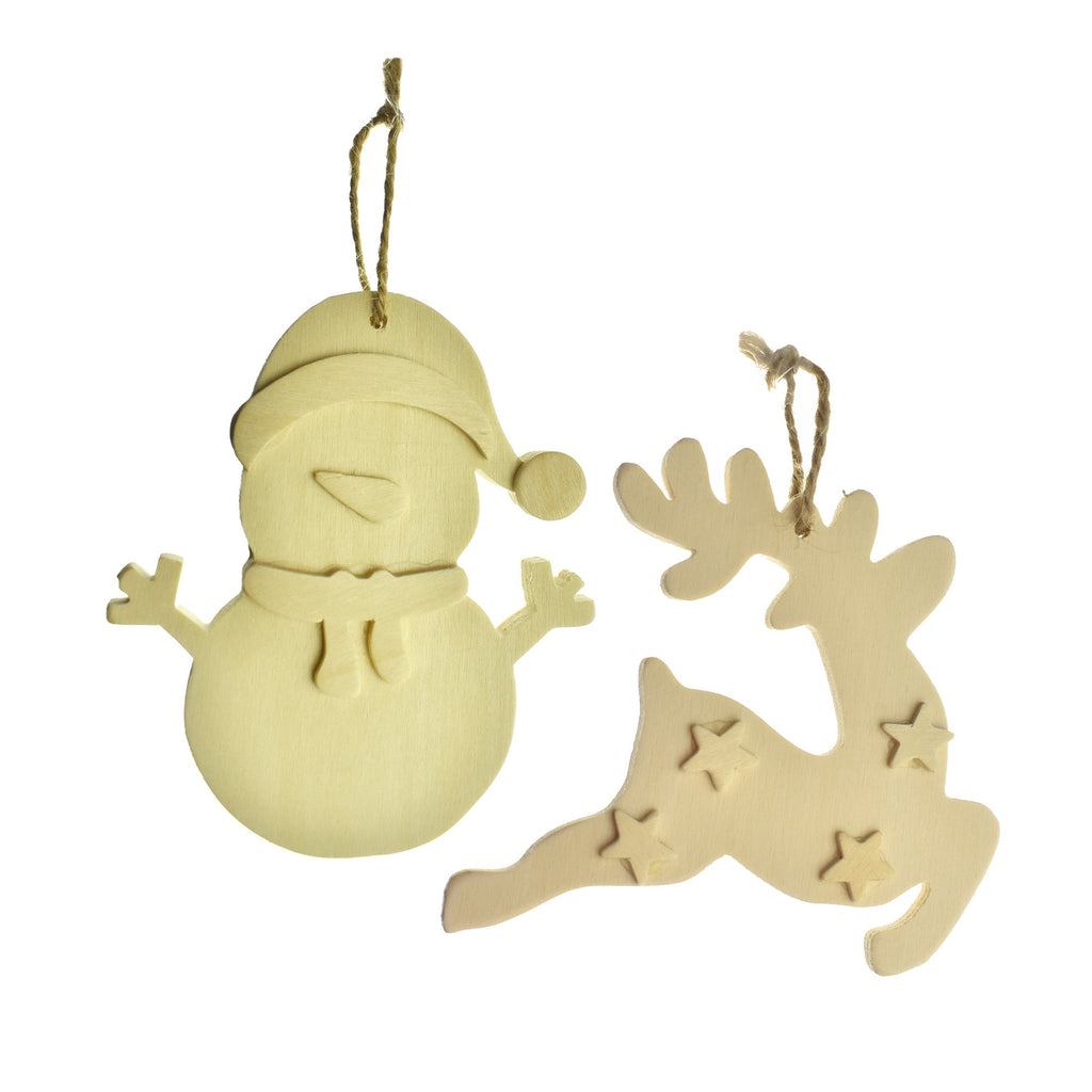 Christmas Snowman and Reindeer Unfinished Wood Ornaments, 5-Inch, 2-Piece
