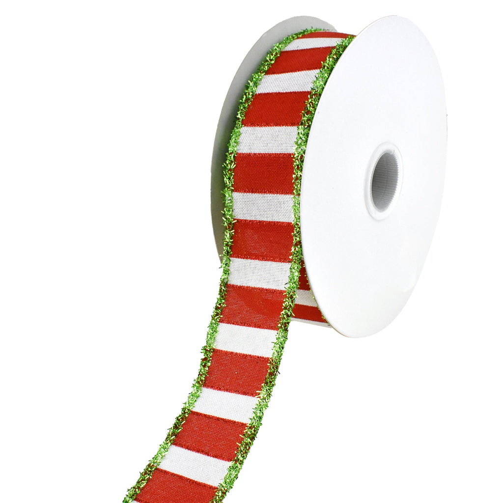 Christmas Stripes Tinsel Edge Wired Ribbon, 1-1/2-Inch, 10-Yard