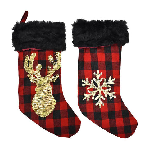 Buffalo Plaid Squined Accent Christmas Stockings, 18-1/2-Inch, 2-Piece