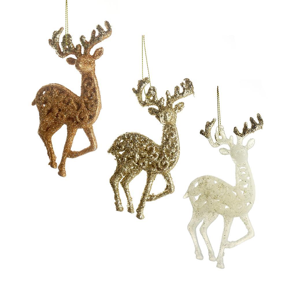 Christmas Glitter Reindeer Ornaments, Copper/White/Chapagne, 5-1/2-Inch, 6-Piece