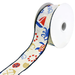 Nautical Seaside Icons Faux Linen Wired Ribbon, 1-1/2-Inch, 10-Yard