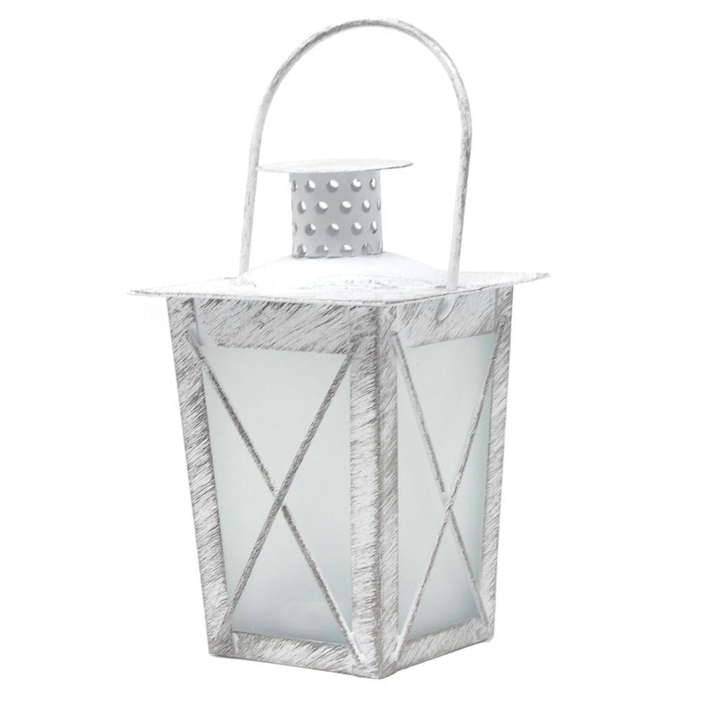 Metal Distressed Lantern Tealight Candle Holder with Handle, White, 4-3/4-Inch