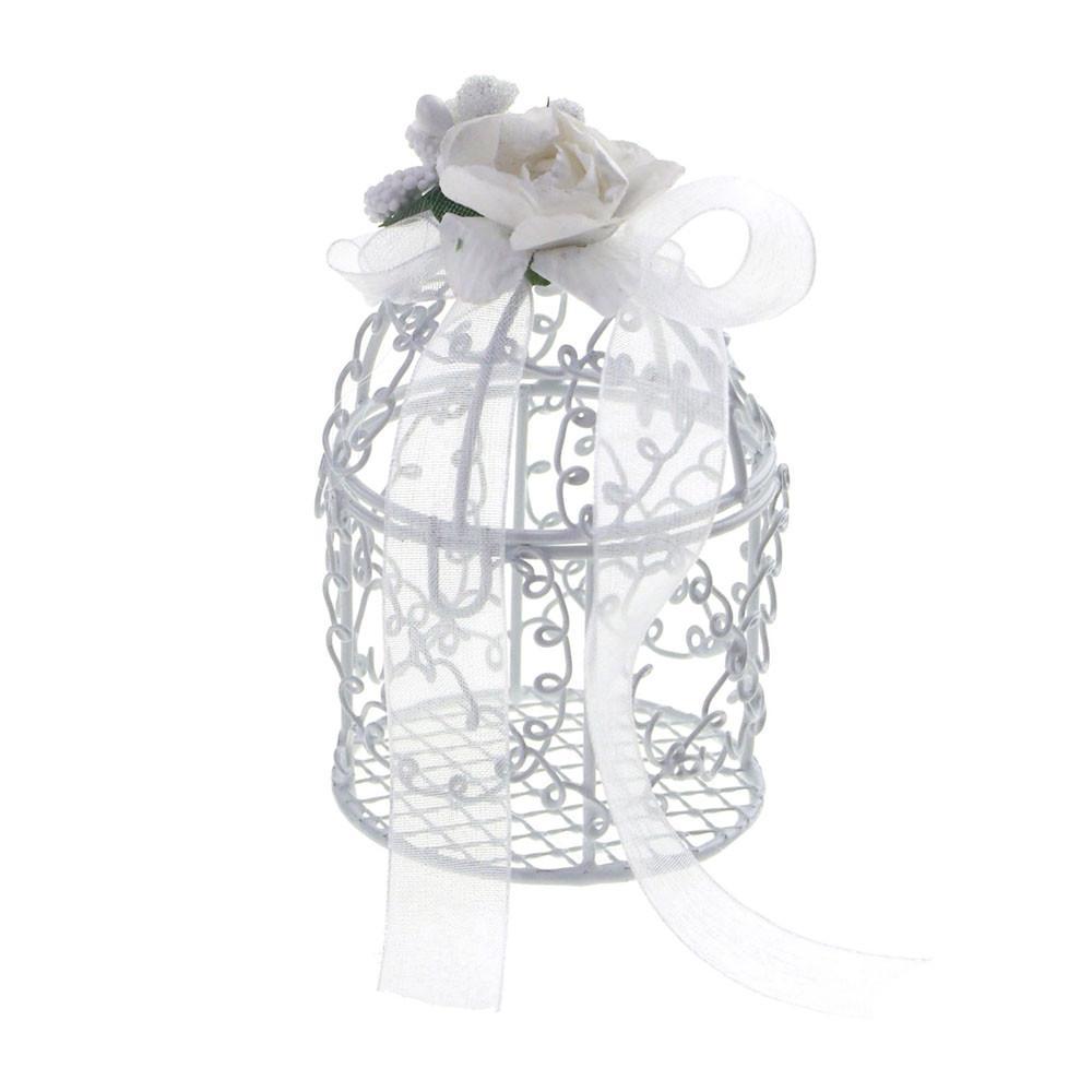 Mini Metal Swirl Birdcage with Flower Organza, White, 3-Inch, 12-Piece