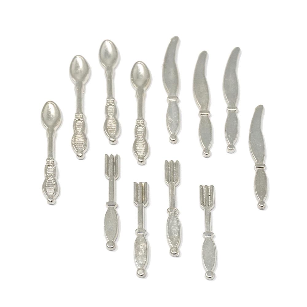 Miniature Metal Silverware Set, Silver, 12-Piece