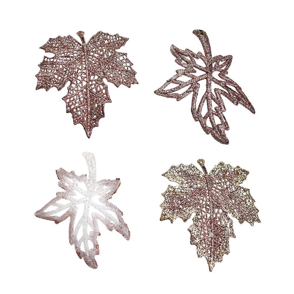 Glittered Forest Leaves Christmas Ornaments, Rose Gold, 5-Inch, 8-Piece