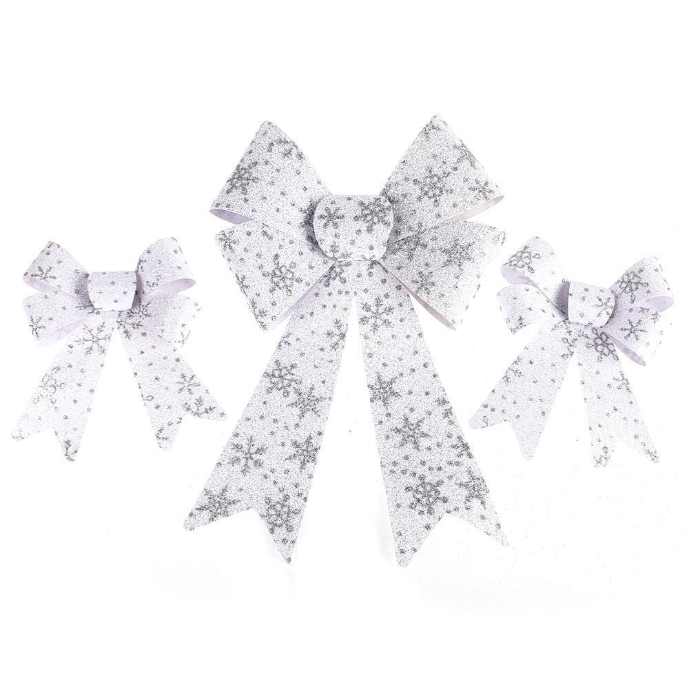 Glitter Snowflake Print Plastic Christmas Bows, White, 3-Piece