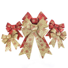 Glitter Snowflake Print Plastic Christmas Bows, Red/Gold, 6-Piece