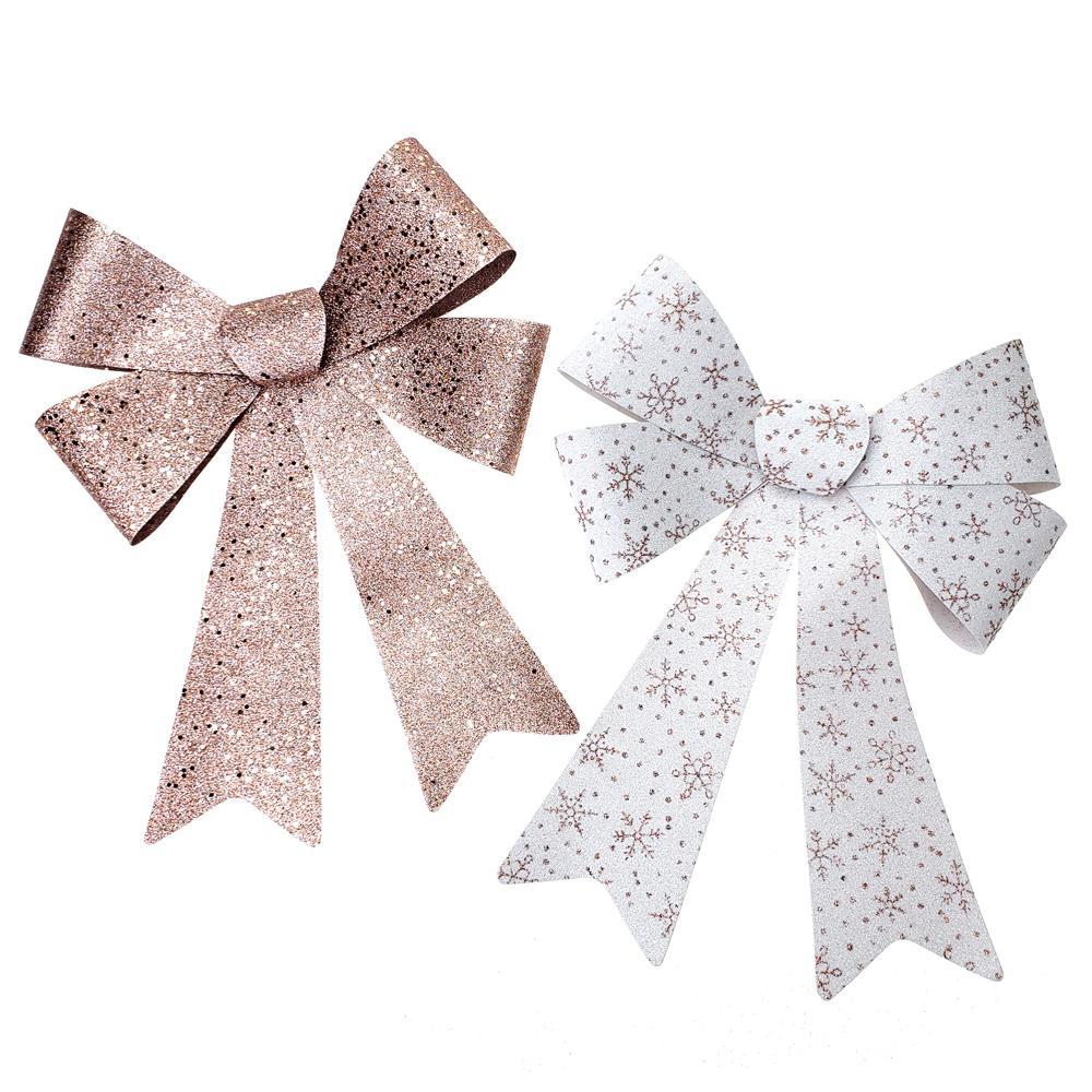 Glitter Snowflake Print Plastic Christmas Bows, Rose Gold, 16-Inch, 2-Piece