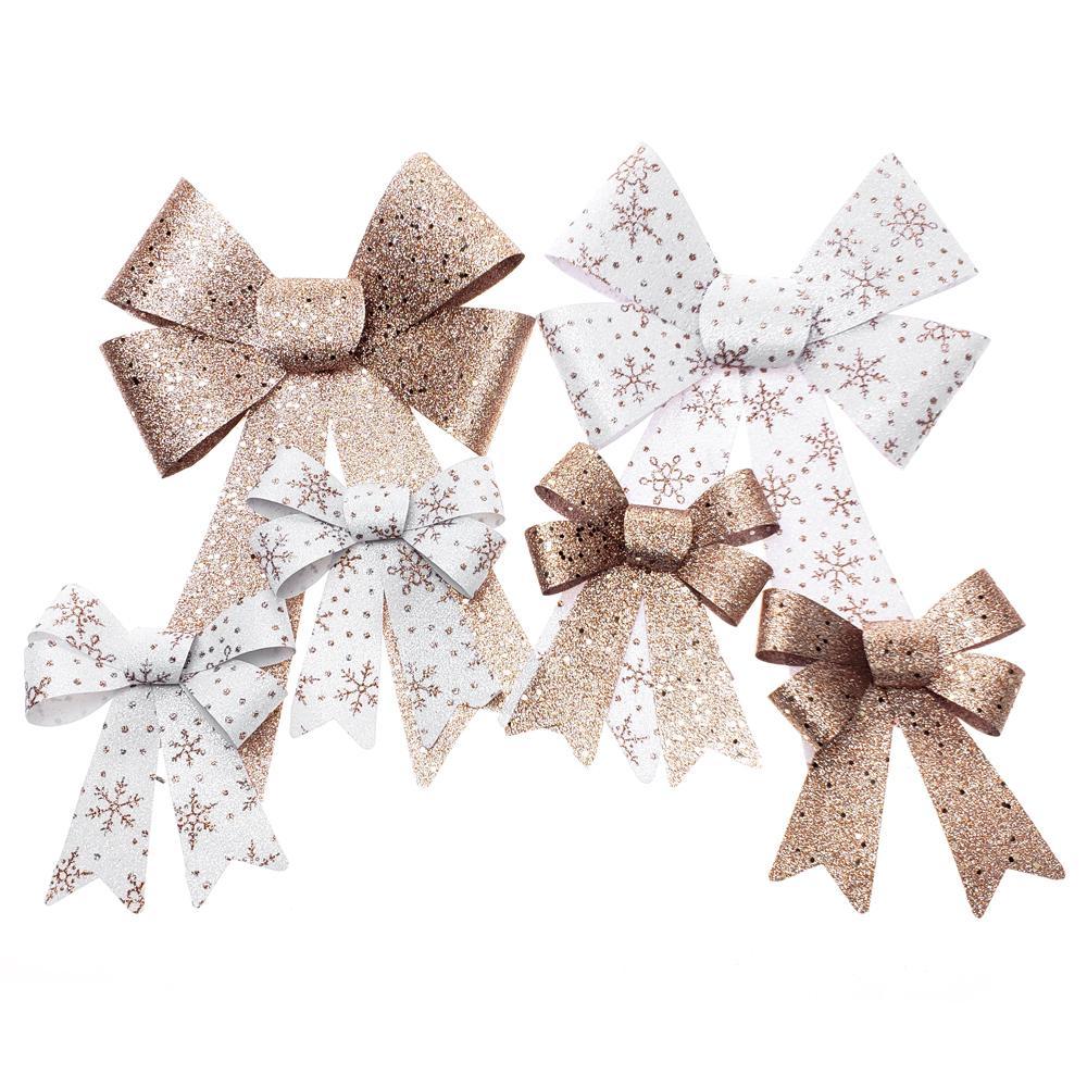 Glitter Snowflake Print Plastic Christmas Bows, Rose Gold/White, 6-Piece