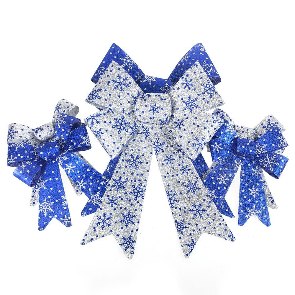 Glitter Snowflake Print Plastic Christmas Bows, Royal/Silver, 6-Piece