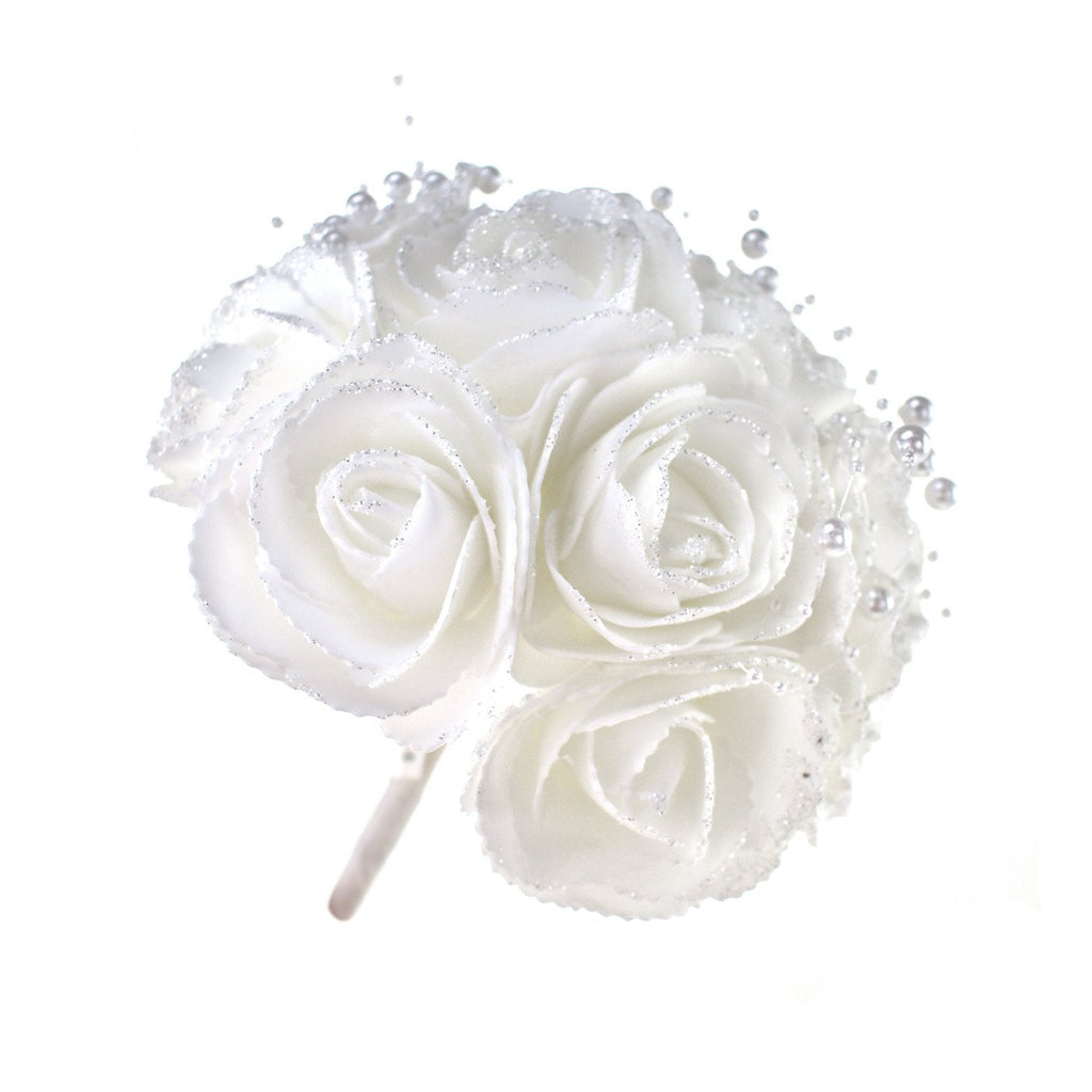 Glitter Foam Rose Bouquet with Pearl Spray, White, 9-Inch