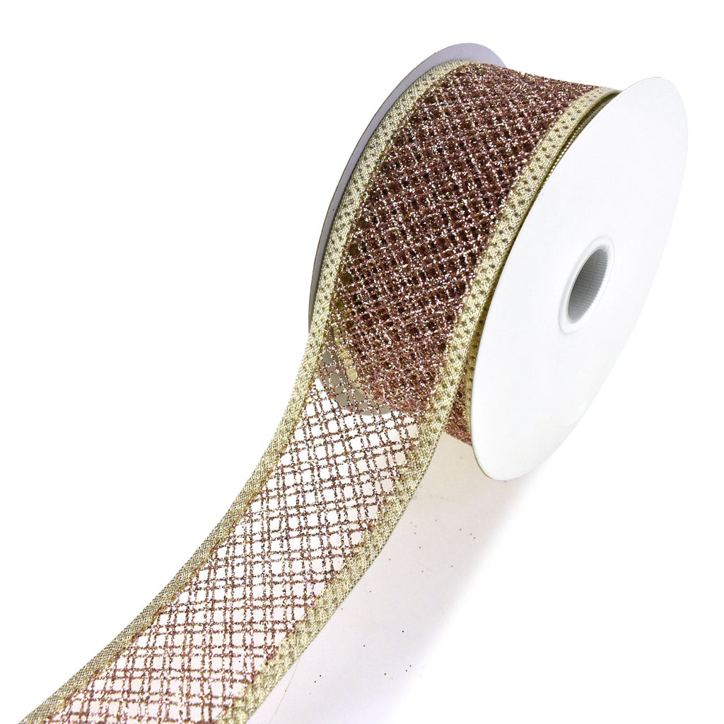Ultra Fine Glitter Webbed Wired Ribbon, Rose Gold, 1-1/2-Inch