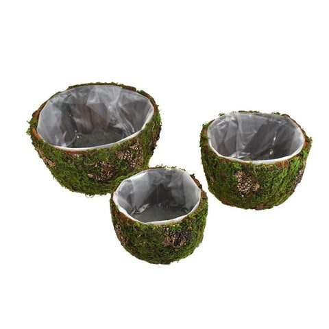 Faux Moss Covered Round Wooden Crates, 3-Piece