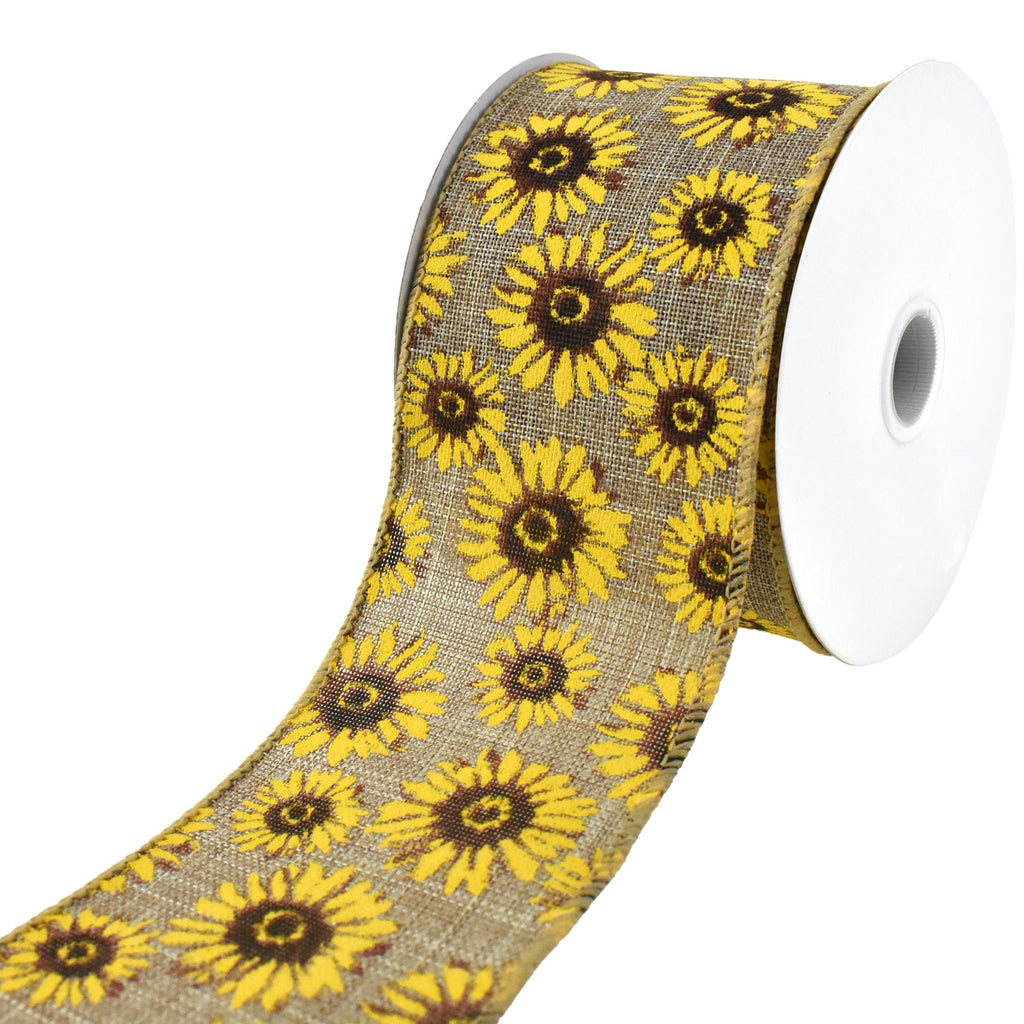 Mini Sunflower Pattern Faux Linen Wired Ribbon, 2-1/2-Inch, 10-Yard