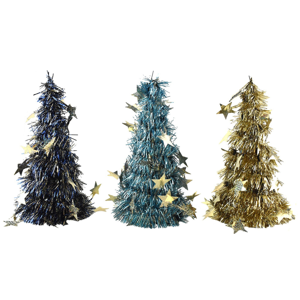 Laser Cut Star Tinsel Table Top Trees, Blue/Gold, 10-Inch, 3-Piece