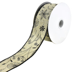 Doodle Flowers Faux Linen Wired Ribbon, 10-yard