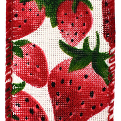 Fresh Spring Strawberries Faux Linen Wired Ribbon, 1-1/2-inch, 10-yard