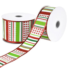 Christmas Patterned Stripes Metallic Edge Wired Ribbon, 10-yard