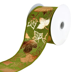 Embossed Autumn Leaves Faux Linen Wired Ribbon, 2-1/2-Inch, 10-Yard