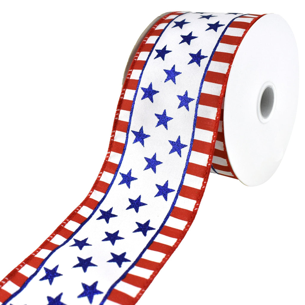 Patriotic Stars and Ticked Stripes Wired Ribbon, 2-1/2-Inch, 10-Yard