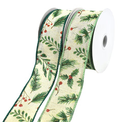 Christmas Sparse Branches, Berries and Holly Wired Ribbon, 1-1/2-Inch, 10-Yard