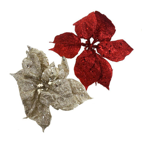 Clip On Glitter Poinsettias Christmas Decoration, 2-Piece