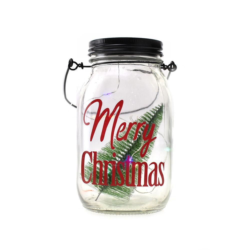 Solar Glass Jar with Mini Christmas Tree Decor, 7-Inch