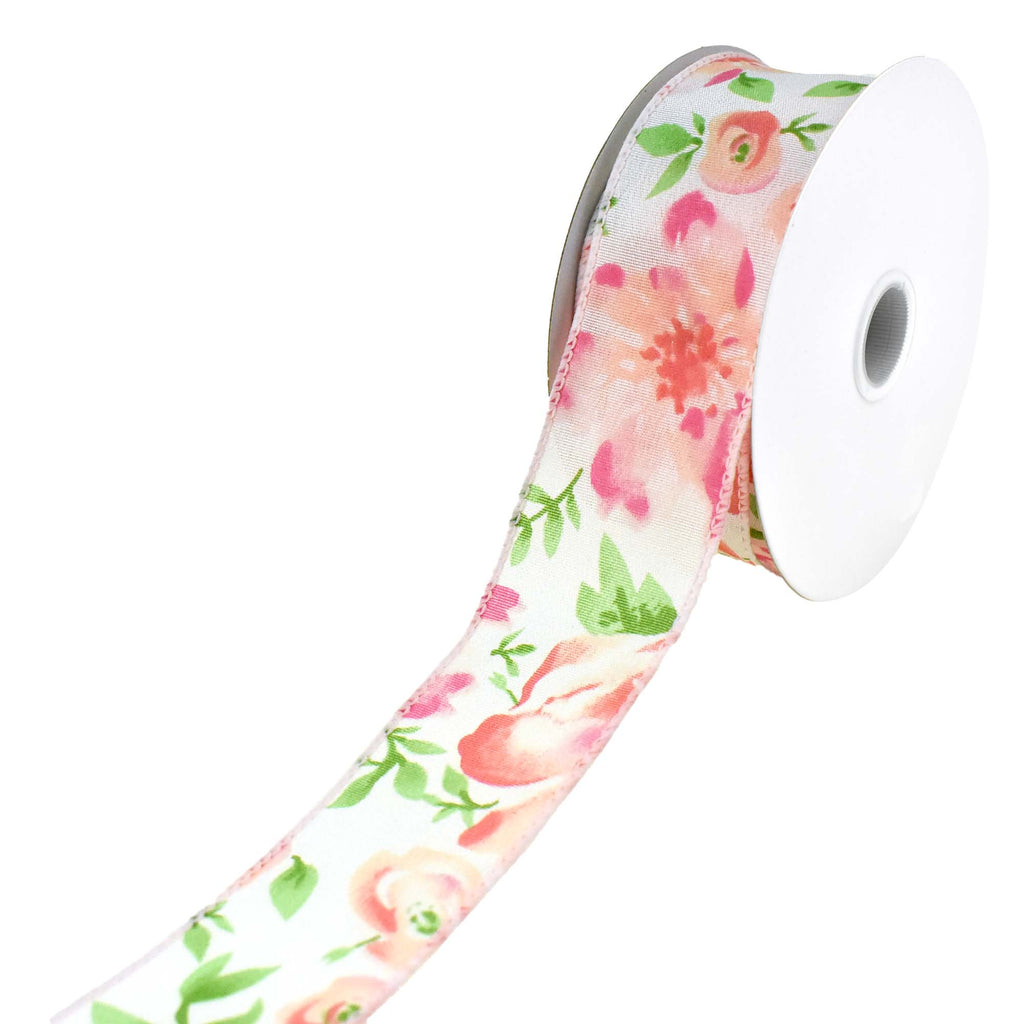 Watercolor Style Roses Wired Ribbon, 1-1/2-Inch, 10-Yard