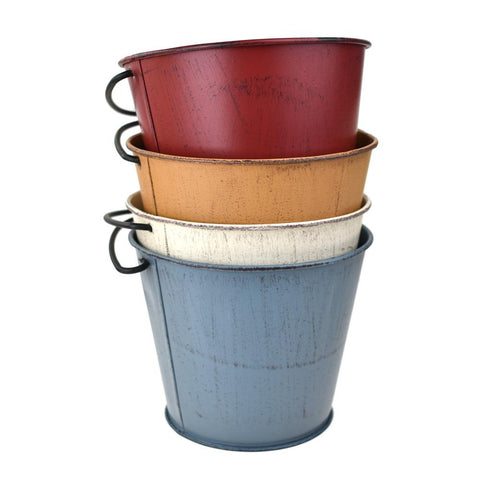 Distressed Rustic Metal Pail Buckets, Assorted Colors, 4-1/2-Inch