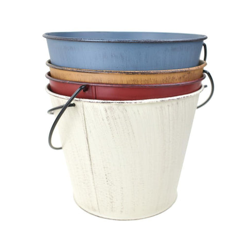 Distressed Rustic Metal Pail Buckets, Assorted Colors, 6-1/4-Inch