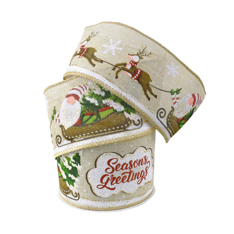 Seasons Greetings Christmas Gnomes on Sleigh Wired Ribbon, 2-1/2-Inch, 10-Yard