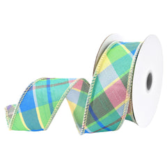 Pastel Deluxe Diagonal Plaid Wired Ribbon, 1-1/2-inch, 5-yard