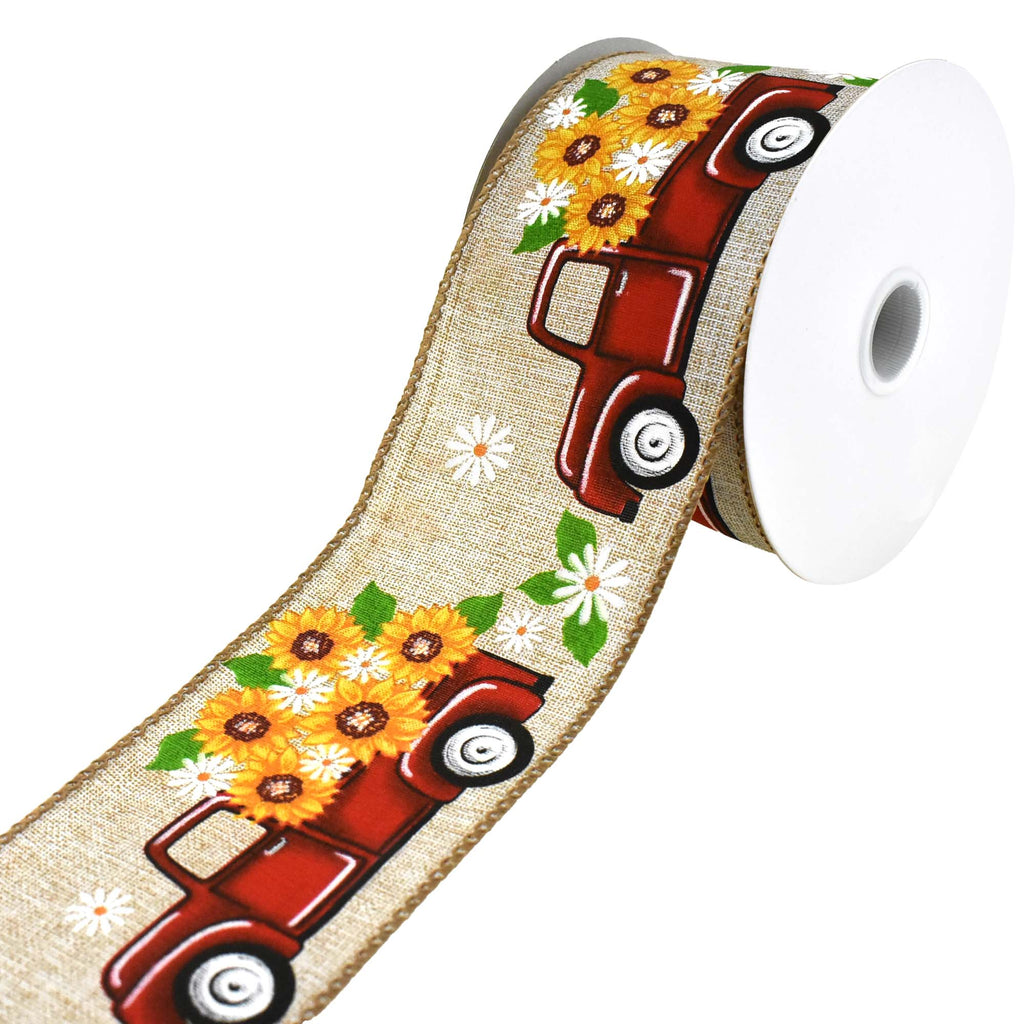 Pickup Truck with Sunflowers Faux Linen Wired Ribbon, 2-1/2-Inch, 10-Yard