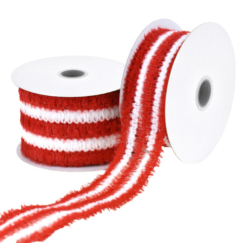 Christmas Fuzzy Candy Cane Stripes Wired Ribbon, 10-yard