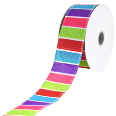 Christmas Holiday Stripes Faux Linen Wired Ribbon, 10-yard