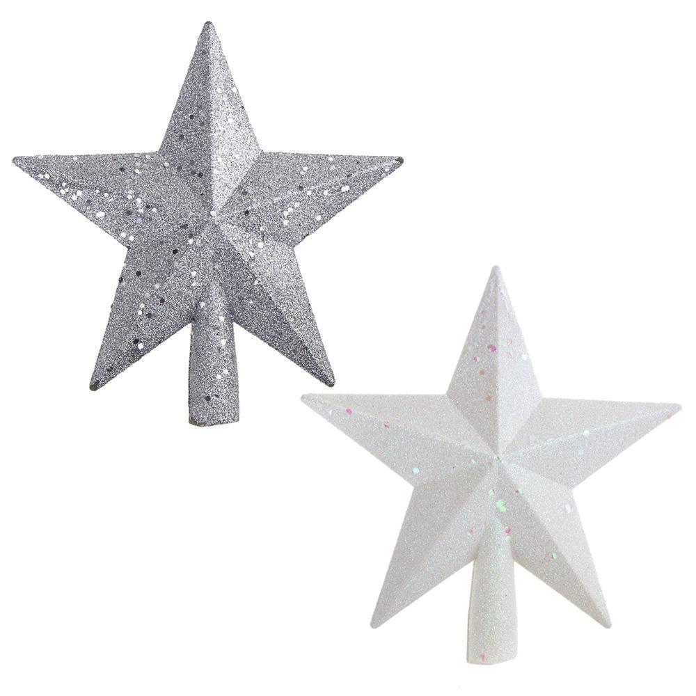 Glitter Star Plastic Christmas Tree Topper, White/Silver, 8-Inch, 2-Piece