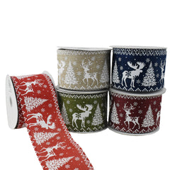 Christmas Forest Deer Landscape Wired Ribbon, 2-1/2-Inch, 10-Yard