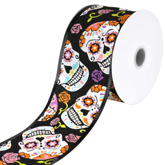 Dia de los Muertos Skulls Satin Wired Ribbon, 2-1/2-inch, 10-yard