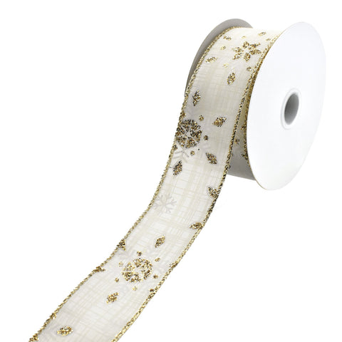 Christmas Glittered Champagne Snowflakes Wired Ribbon, 1-1/2-Inch, 10-Yard