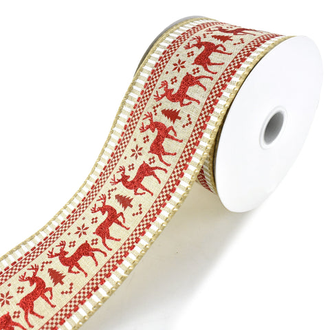 Deer Glitter Scene Ticking Wired Ribbon, 2-1/2-Inch, 10-Yard