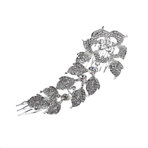 Large Floral Rhinestone Hair Broach, Silver, 6-Inch