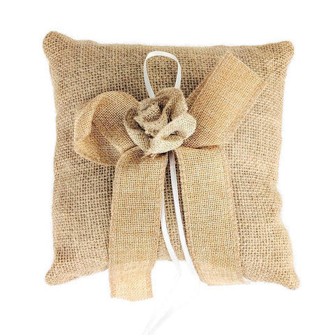 Burlap Flower and Bow Ring Bearer Pillow, 7-Inch, Natural
