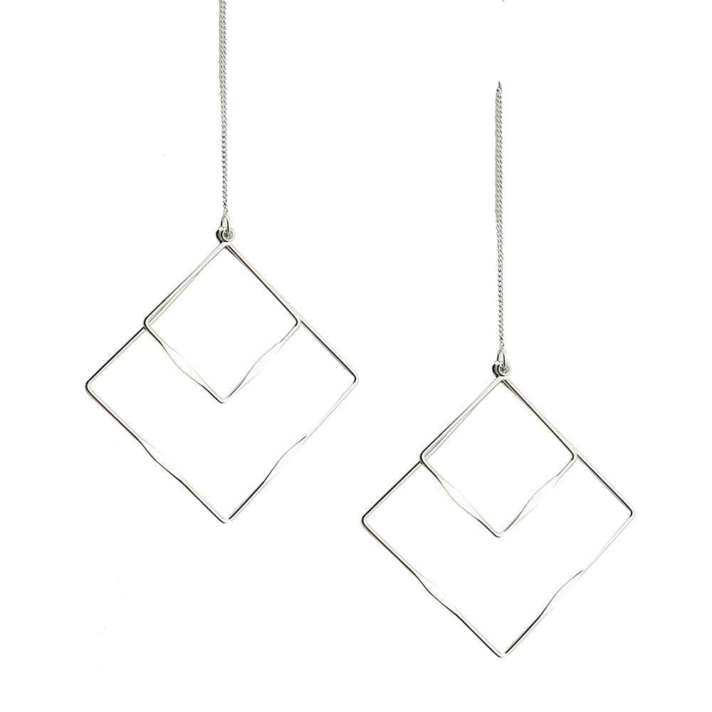 Double Diamond Shaped Geometric Dangle Earrings, Silver, 4-Inch