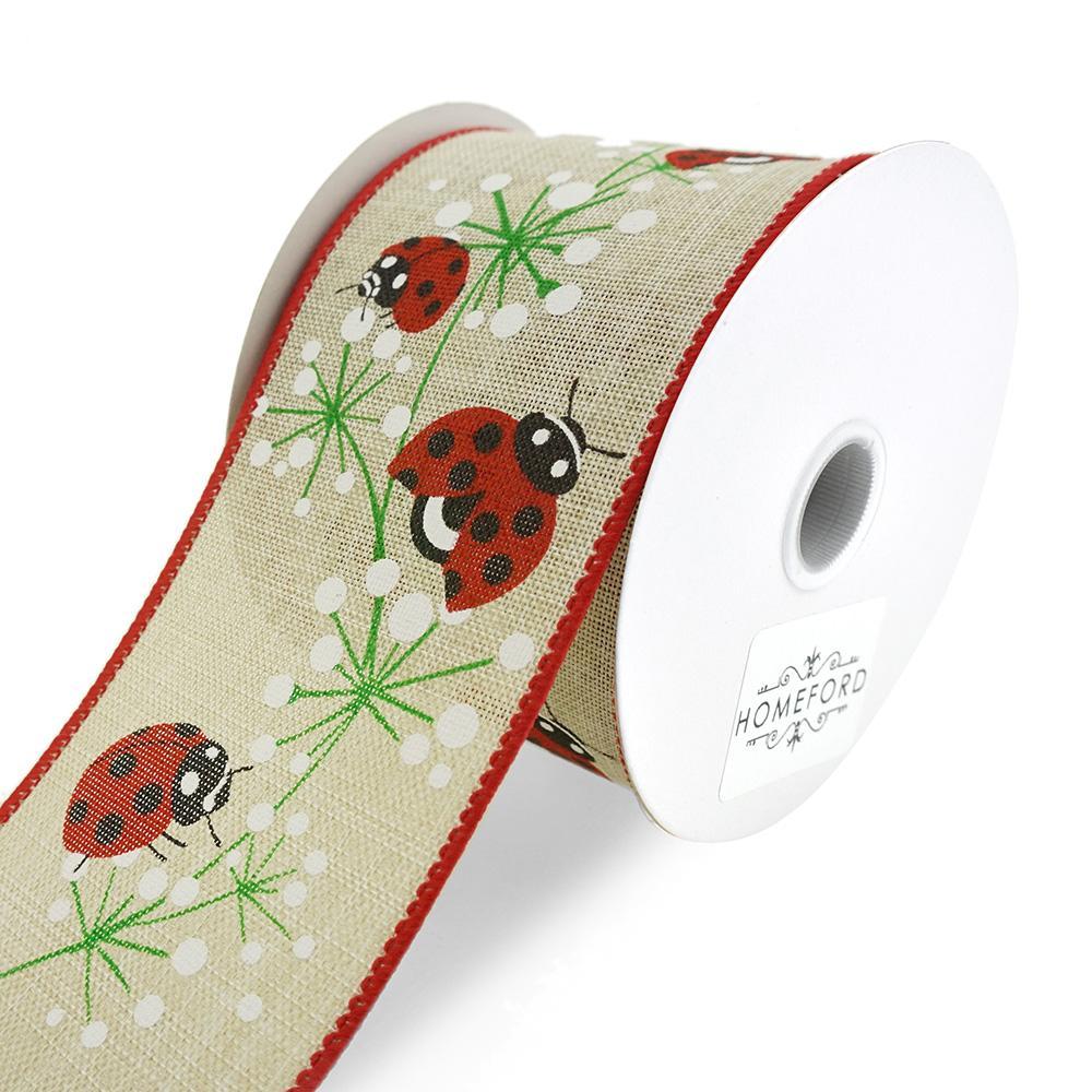 Ladybugs on Dandelions Linen Wired Ribbon, Natural, 2-1/2-Inch, 10-Yard
