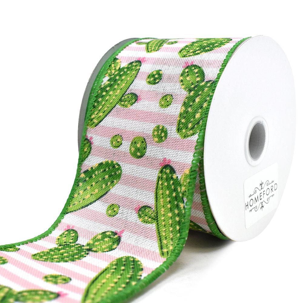 Cactus and Stripes Linen Wired Ribbon, 10-yard