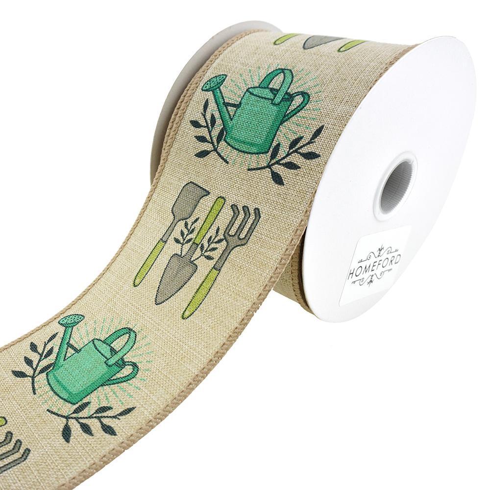 Gardening Tools Printed Wired Linen Ribbon, 2-1/2-Inch, 10-Yard